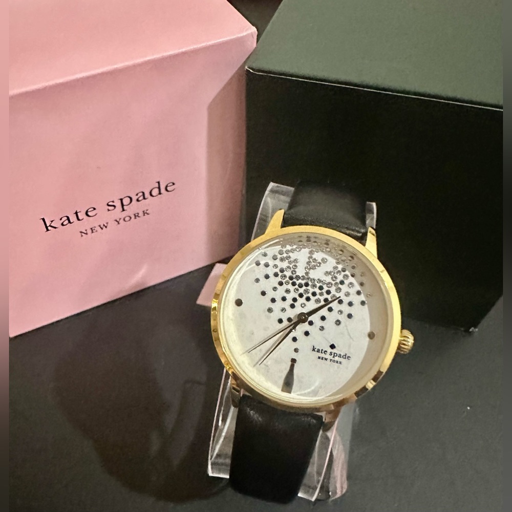 NWT Kate Spade Metro Champagne Black Leather Strap Gold Watch KSW9043